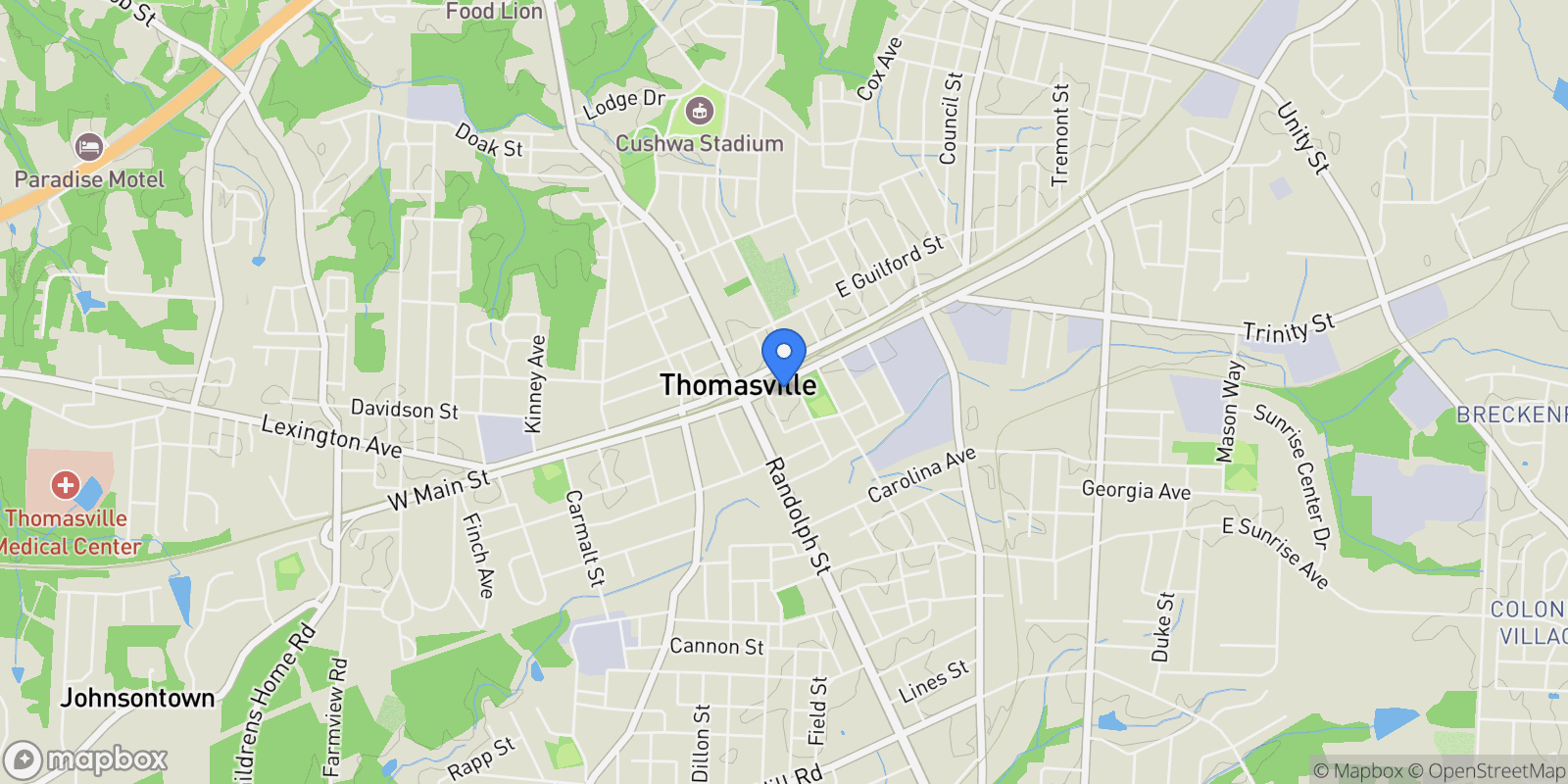 Map showing 17 E Main Street, Thomasville, North Carolina, United States.