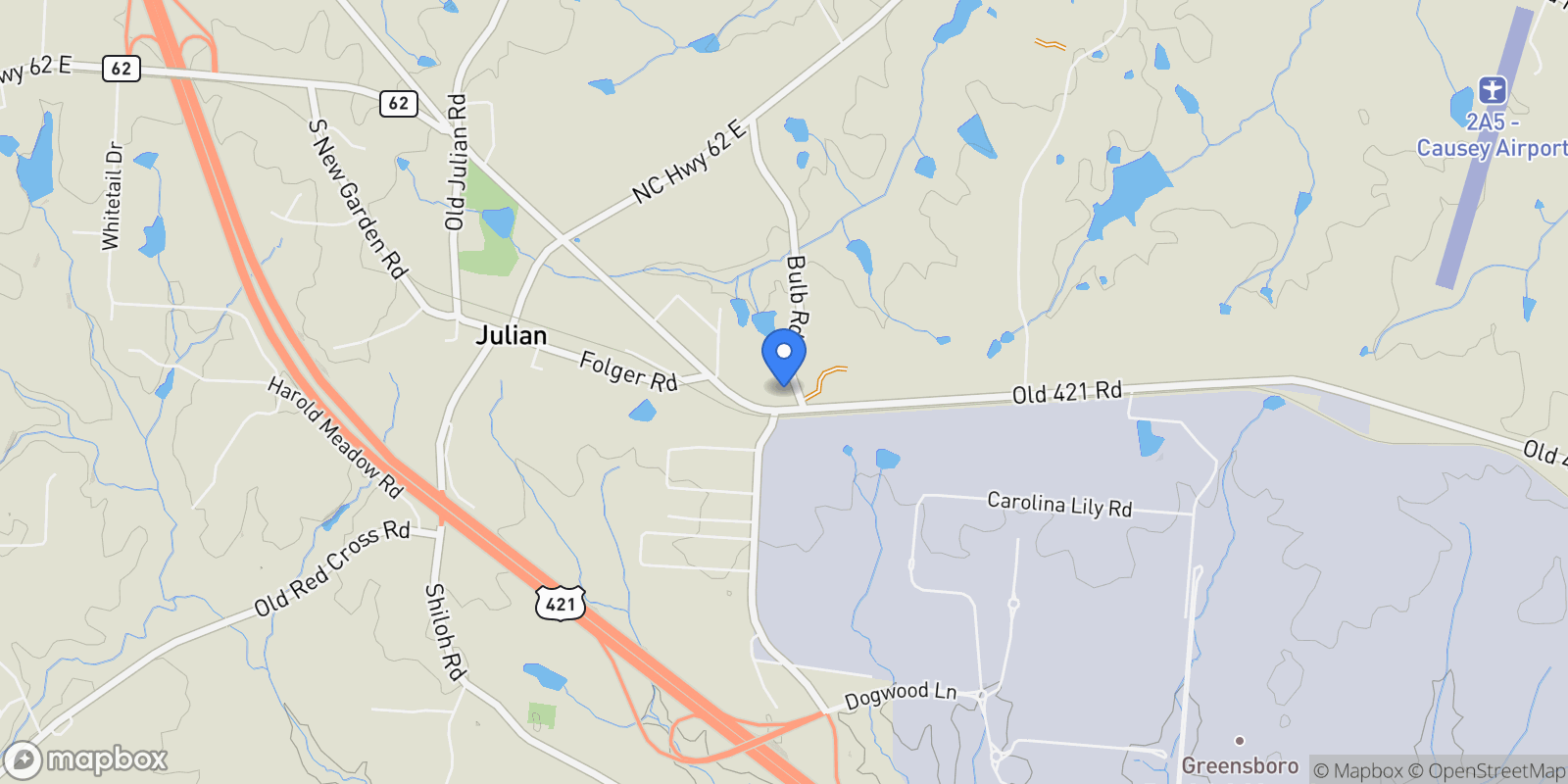 Map showing 9010 Old 421 Road, Julian, North Carolina, United States.