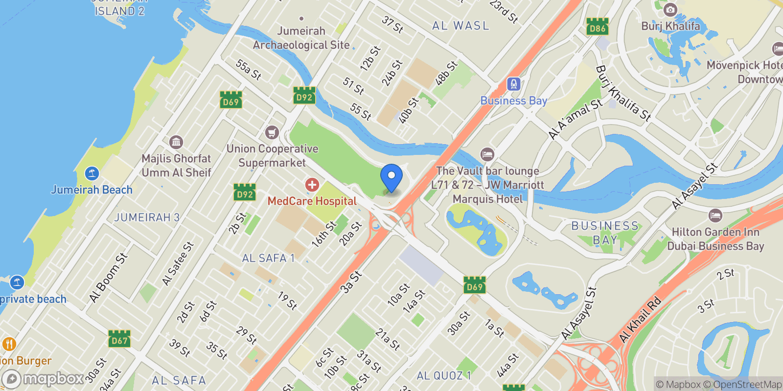Map showing 56JX+XV6 - Al Safa - Dubai - United Arab Emirates, Dubai, Dubai, United Arab Emirates.