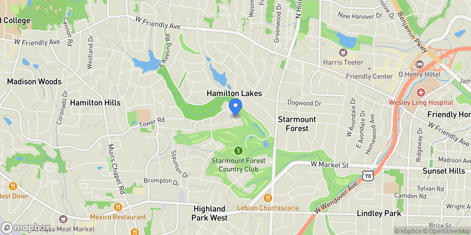 Map showing 32 Kemp Road E, Greensboro, North Carolina, United States.