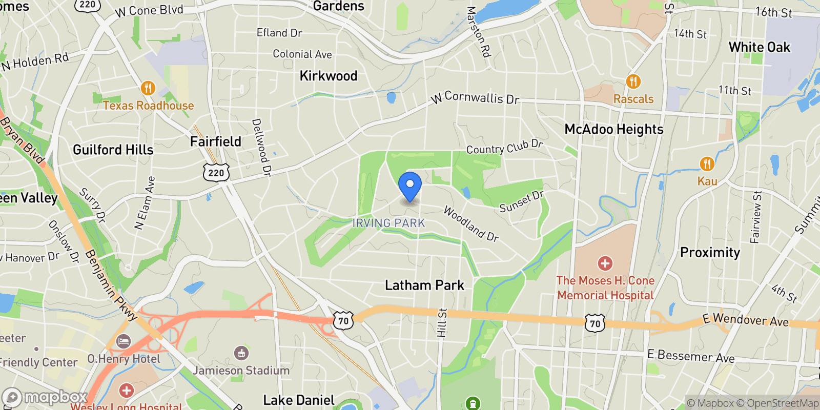 Map showing 705 Woodland Drive, Greensboro, North Carolina, United States.