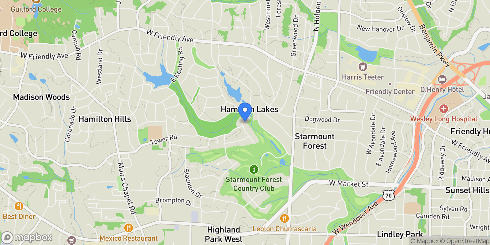 Map showing 42 Kemp Road E, Greensboro, North Carolina, United States.