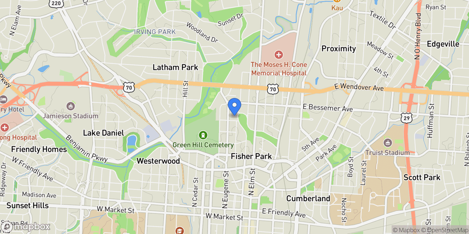 Map showing 301 Fisher Park Circle, Greensboro, North Carolina, United States.