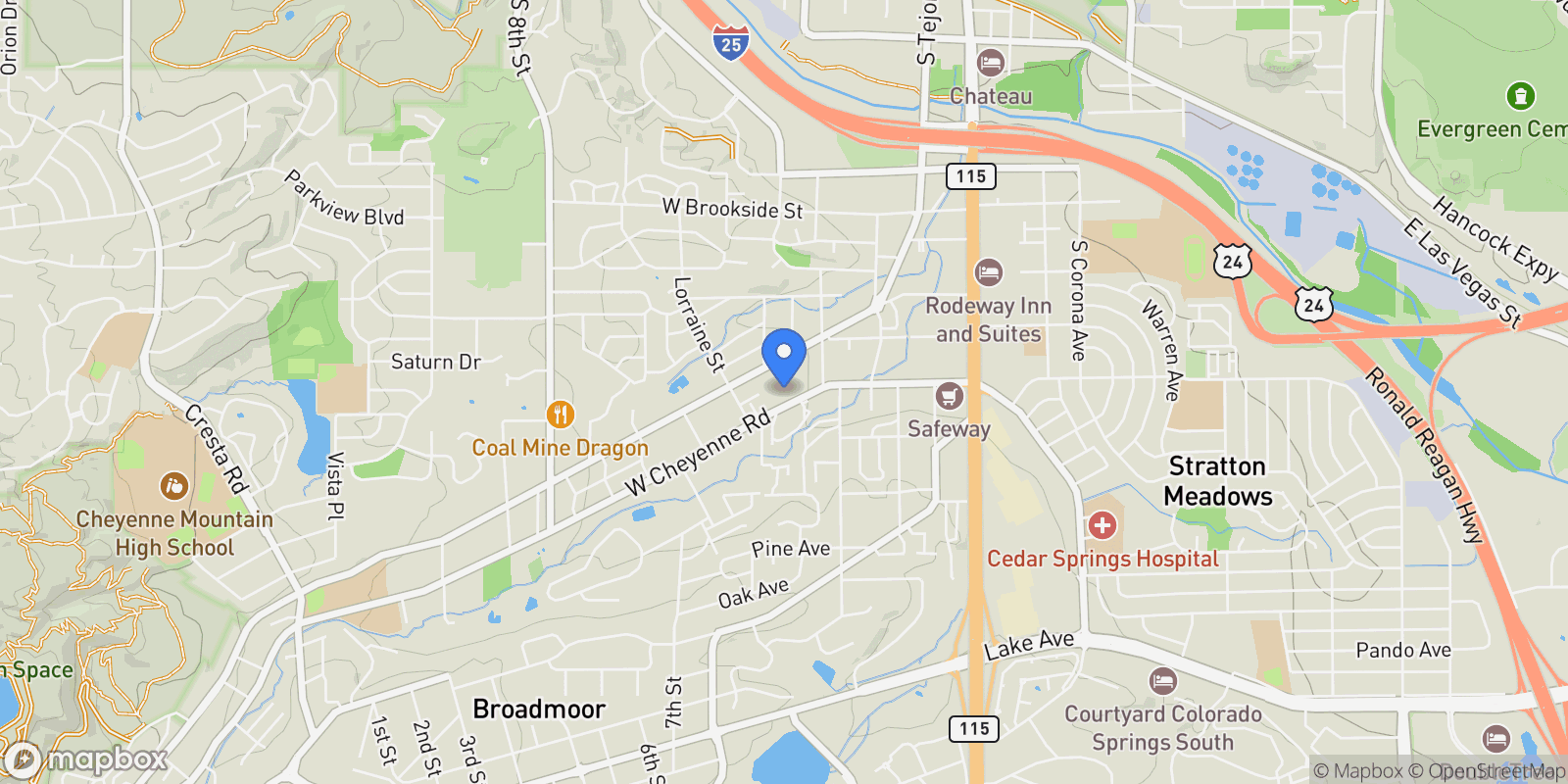 Map showing 200 W Cheyenne Road, Colorado Springs, CO 80906, Colorado Springs, Colorado, United States.