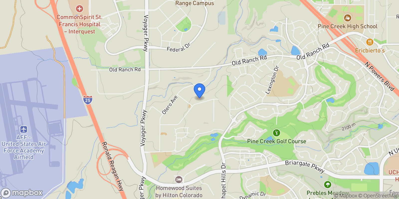 Map showing 2070 Alamosa Drive, Colorado Springs, CO 80920, Colorado Springs, Colorado, United States.