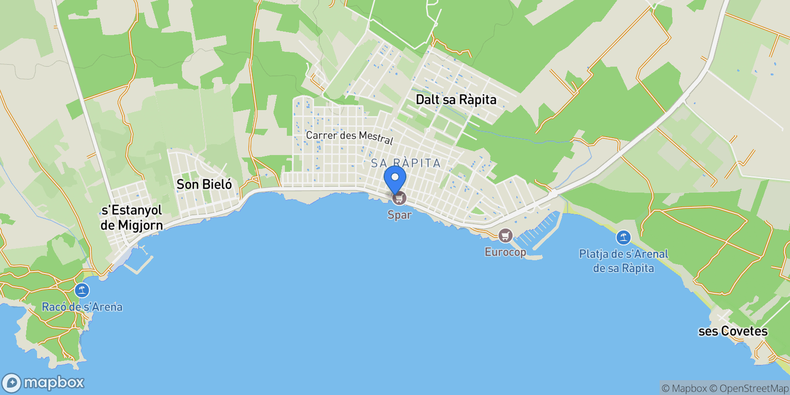 Map showing carrer penyes, Campos, Balearic Islands, Spain.