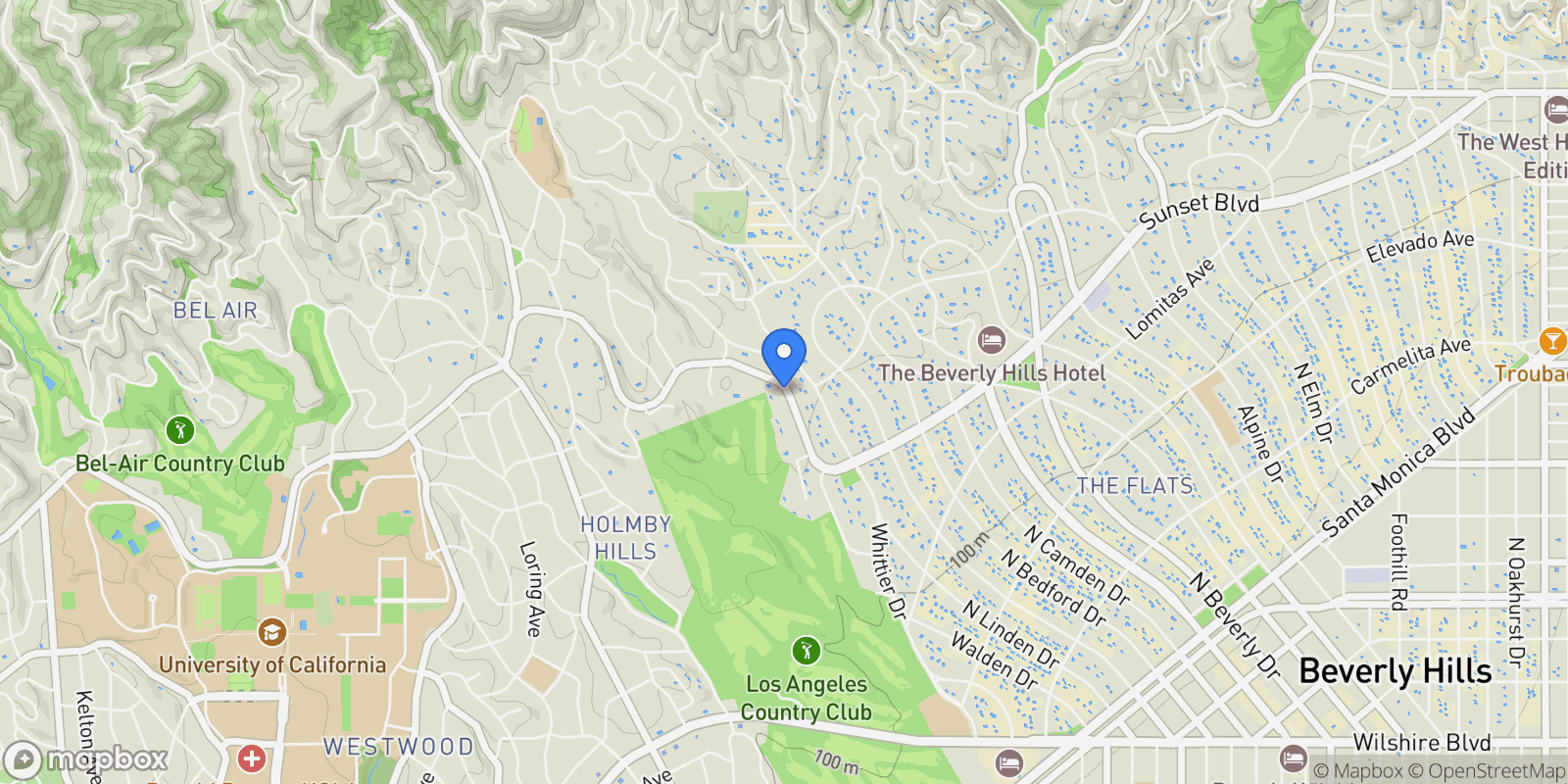 Map showing 9996 Sunset Boulevard, Beverly Hills, California, United States.