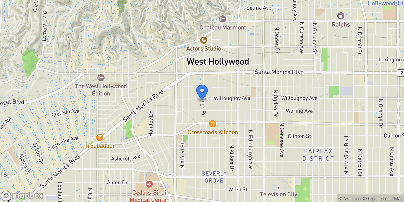 Map showing 851 N Kings Road 310, Los Angeles, California, United States.