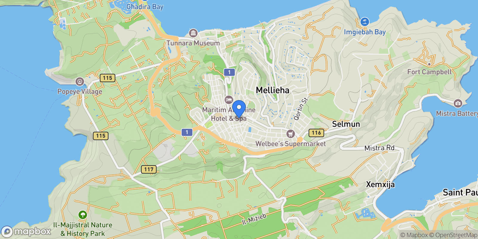 Map showing Mellieha, Mellieha, Malta.