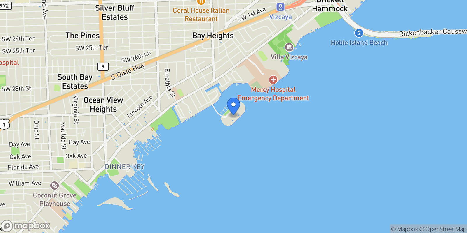 Map showing 3 Grove Isle Dr C308, Miami, Florida, United States.
