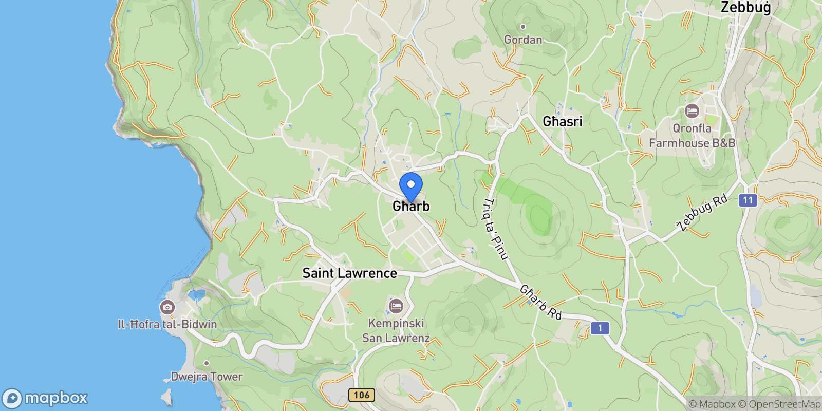 Map showing Gharb, Gozo, Gharb, Malta.