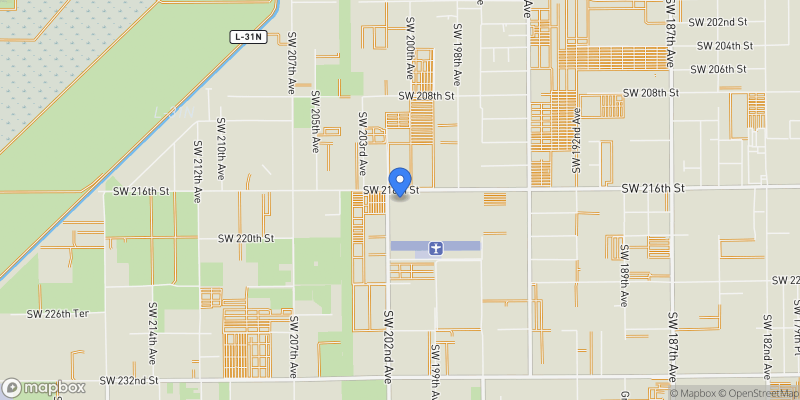 Map showing 20000 SW 216th St, Miami, Florida, United States.