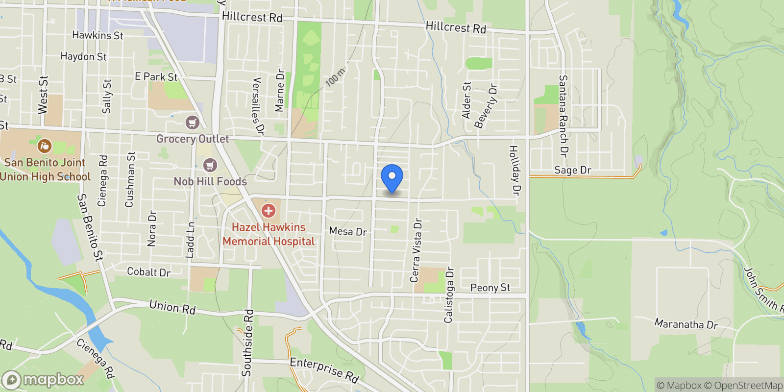 Map showing 1500 Sunset Drive, Hollister, CA 95023, Hollister, California, United States.