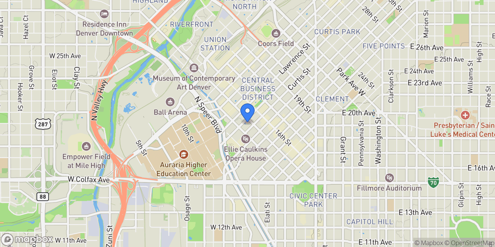 Map showing 1020 15th Street #42D, Denver, CO 80202, Denver, Colorado, United States.