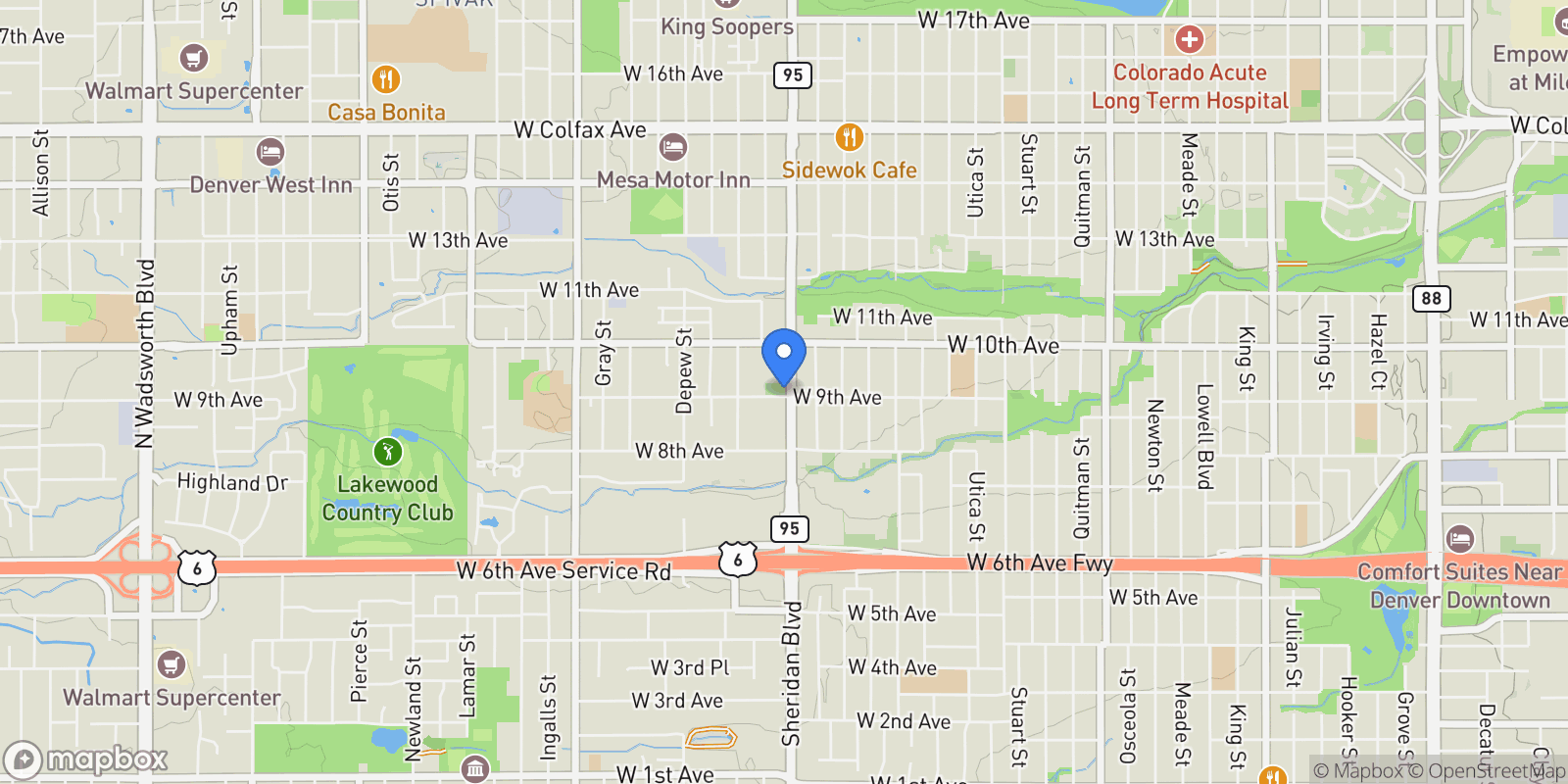 Map showing 903 Sheridan Boulevard, Lakewood, CO 80214, Lakewood, Colorado, United States.