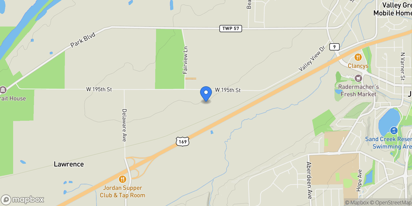 Map showing 6851 W 195th Street, Saint Lawrence Twp, MN 55352, Jordan, Minnesota, United States.