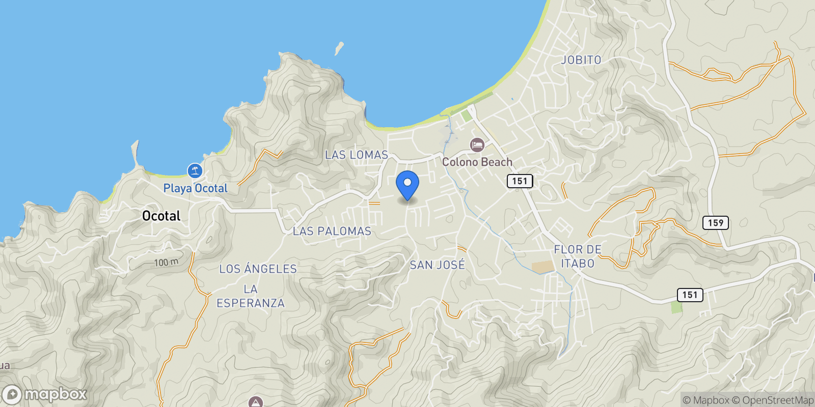 Map showing Playas del Coco, Carrillo, G, Coco, Guanacaste Province, Costa Rica.