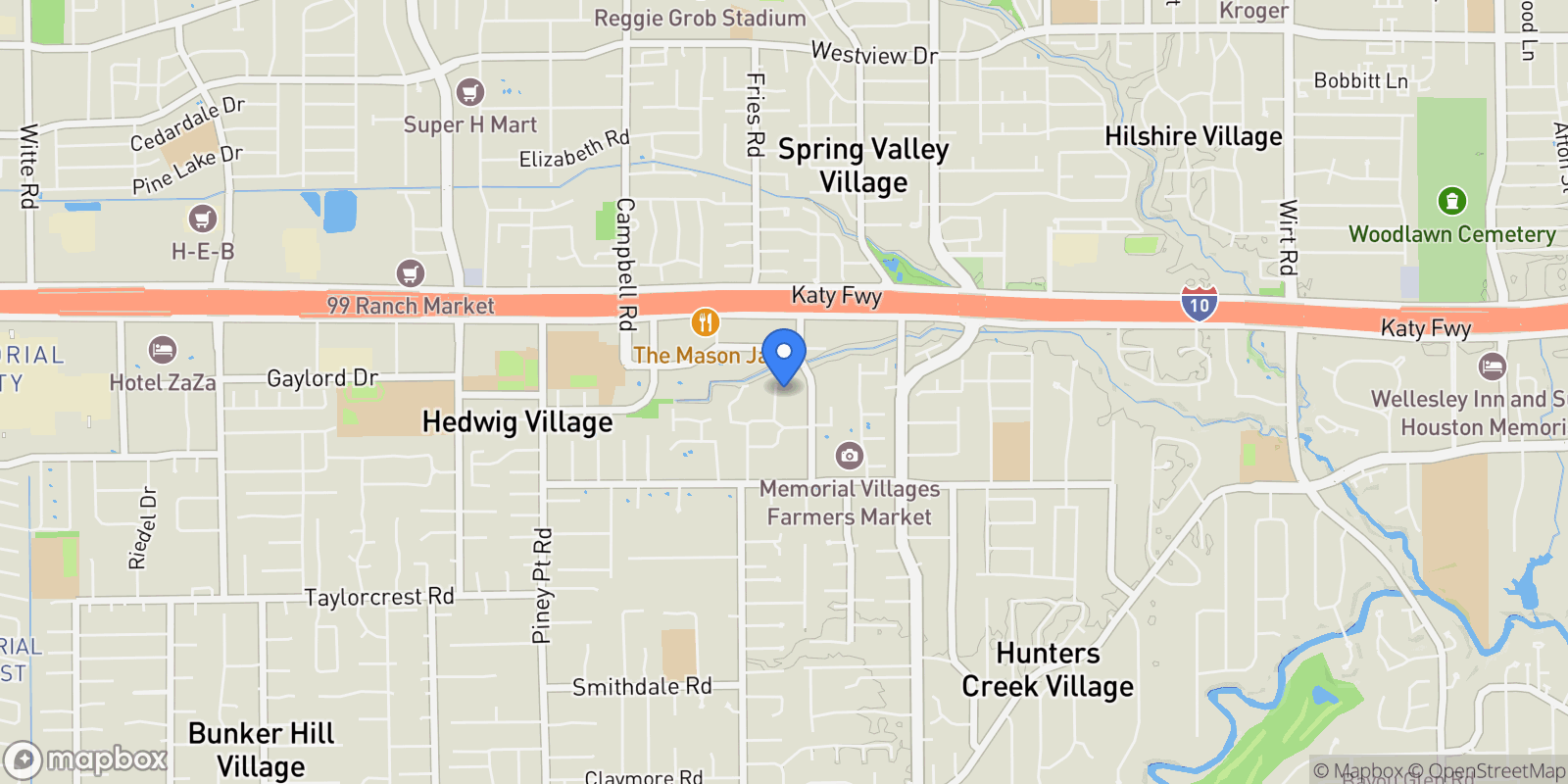 Map showing 26 Hedwig Circle, Hedwig Village, Texas, United States.
