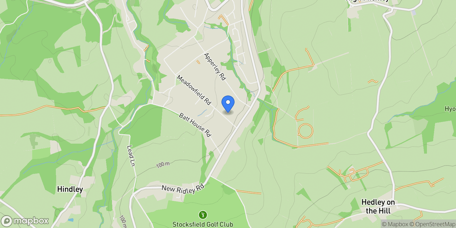 Map showing Meadowfield Road, Stocksfield, Northumberland, Stocksfield, England, United Kingdom.