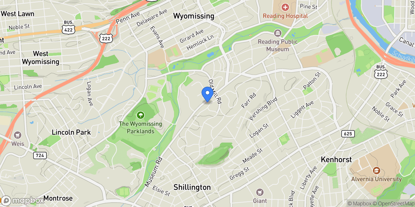 Map showing 1617 Meadowlark, Wyomissing, PA 19610, West Wyomissing, Pennsylvania, United States.