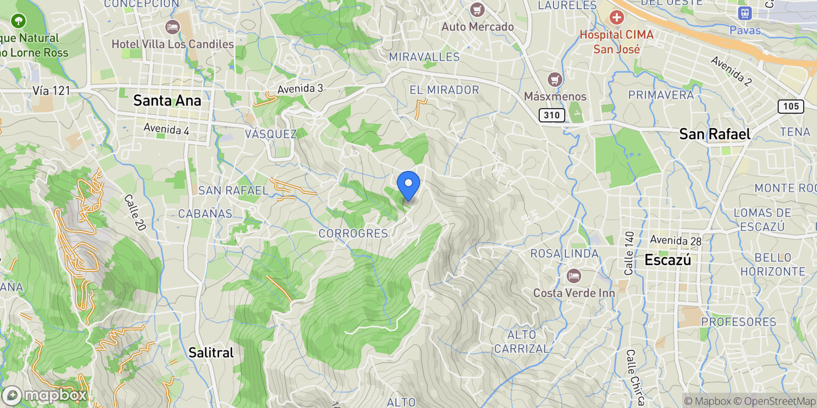 Map showing Jaboncillos, Escazú, SJ, Santa Ana, Costa Rica.