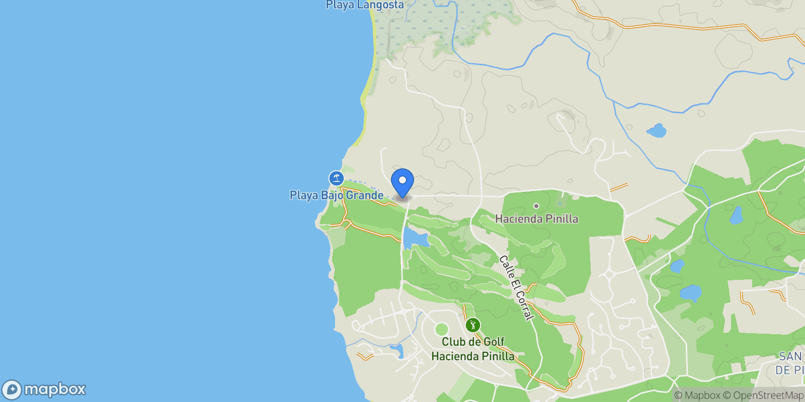 Map showing Hacienda Pinilla, Tamarindo, G, Playa Langosta, Guanacaste Province, Costa Rica.