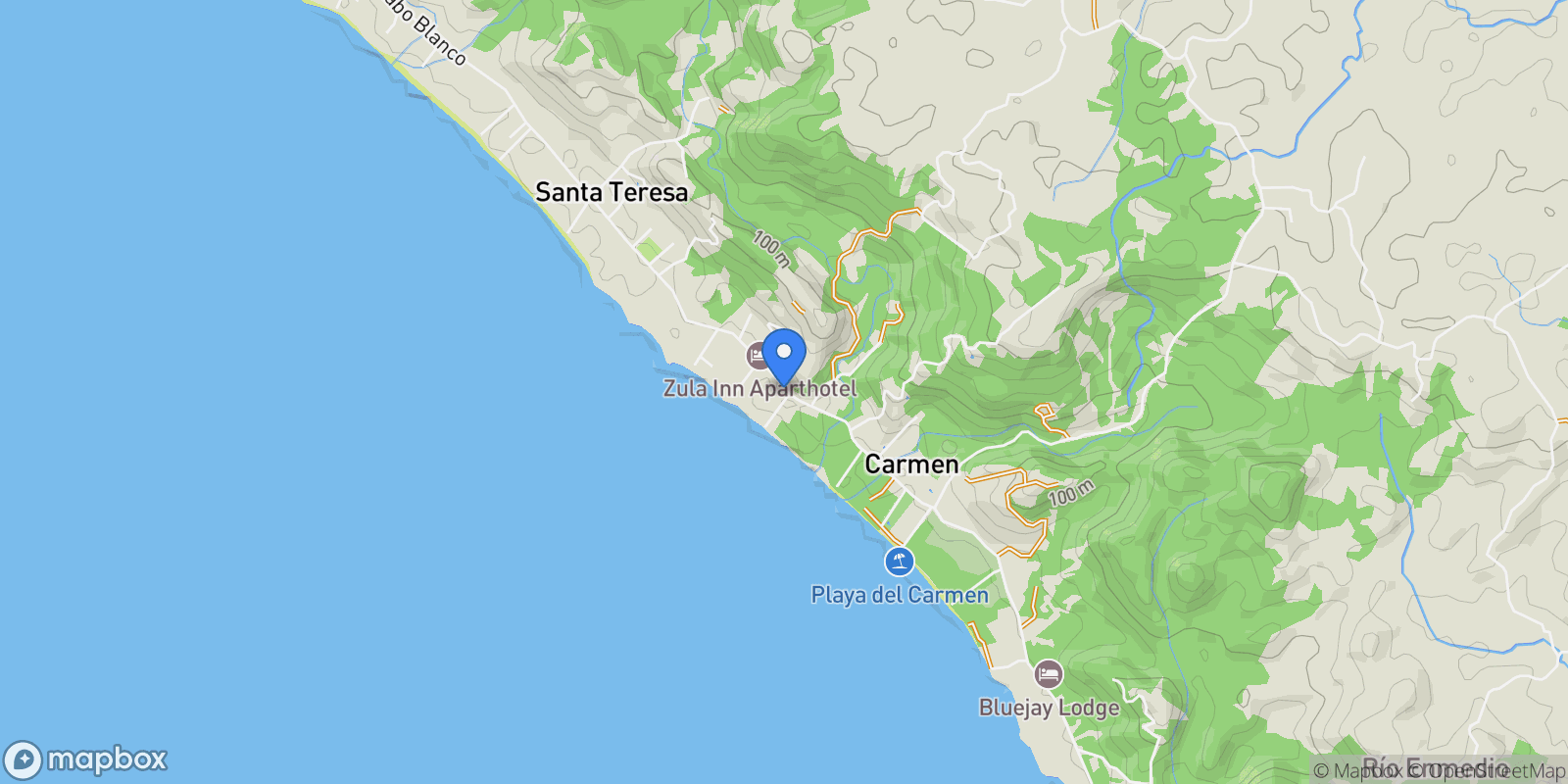 Map showing Hermosa Beach, Santa Teresa, P, Carmen Beach, Puntarenas Province, Costa Rica.