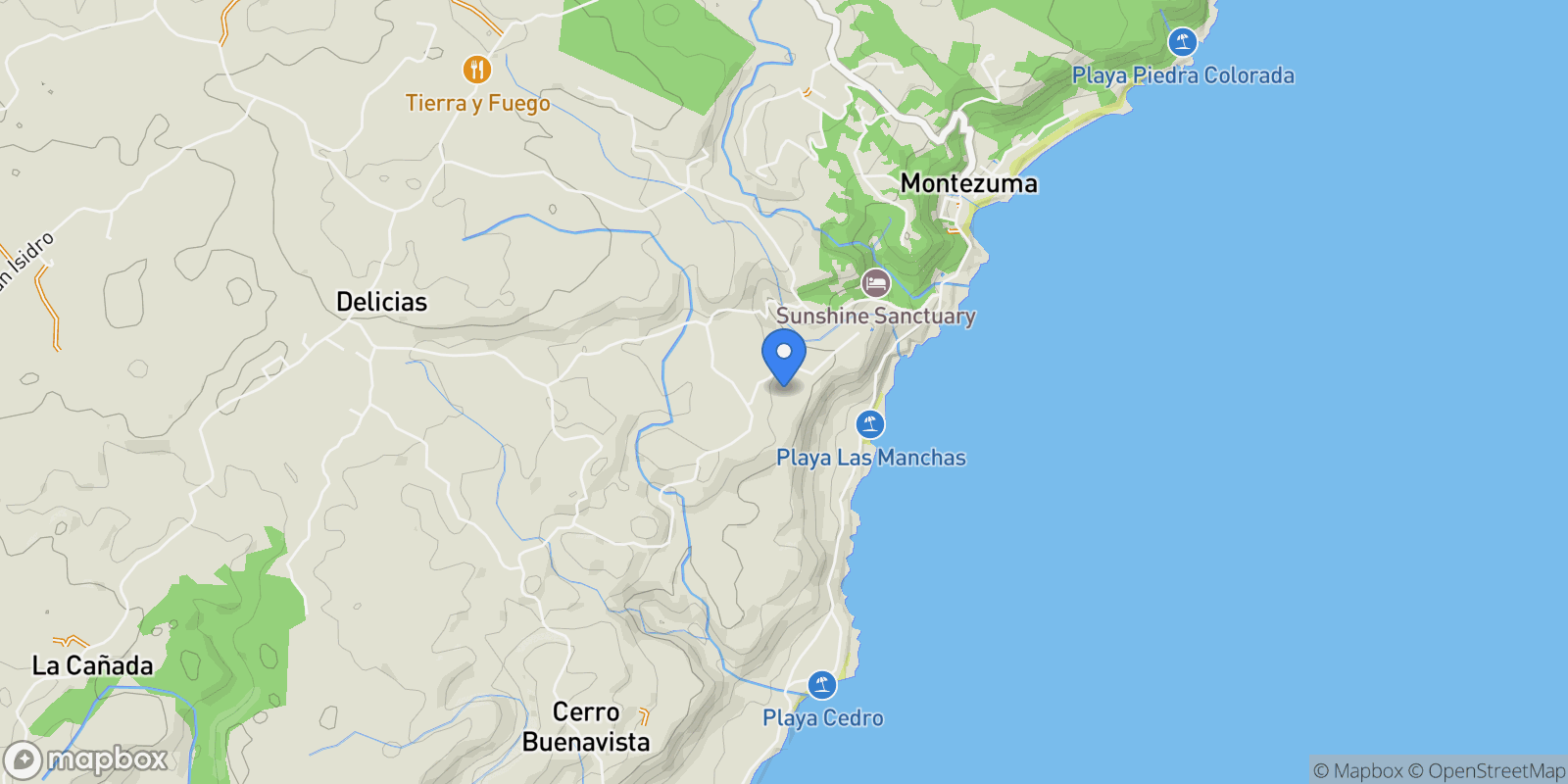 Map showing Las Delicias, Cobano, P, Santa Fe, Puntarenas Province, Costa Rica.