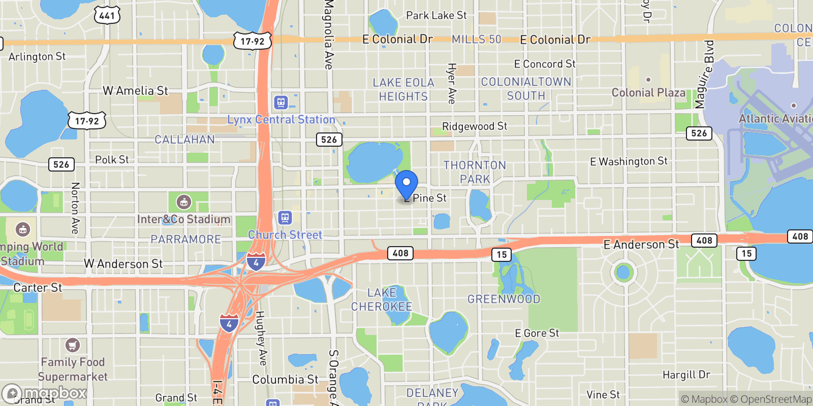 Map showing 100 S Eola Drive Unit 119, Orlando, FL 32801, Orlando, Florida, United States.
