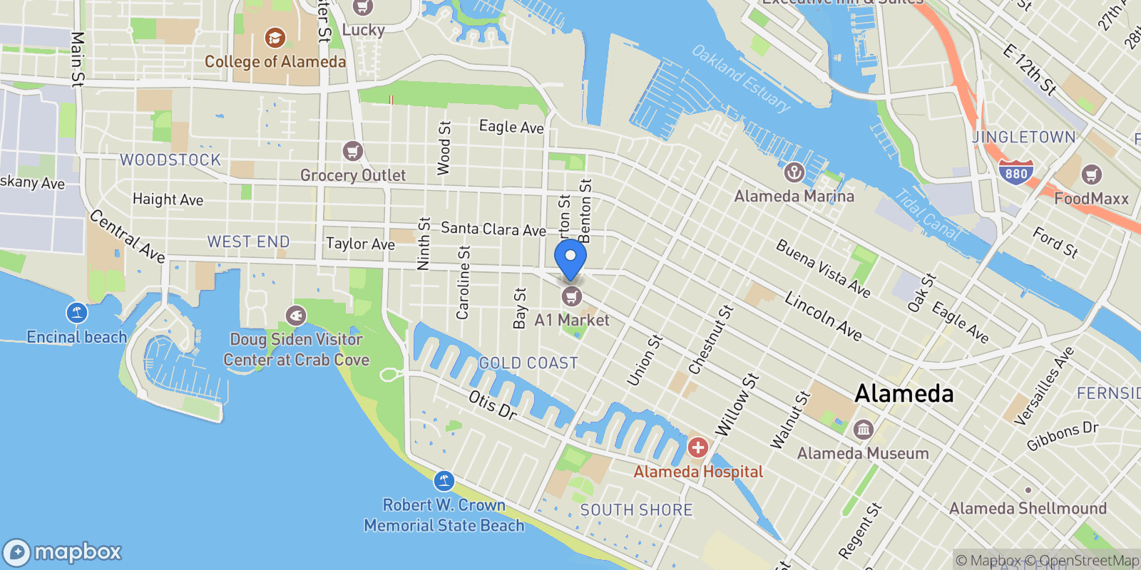 Map showing 1203 Benton St, Alameda, California, United States.