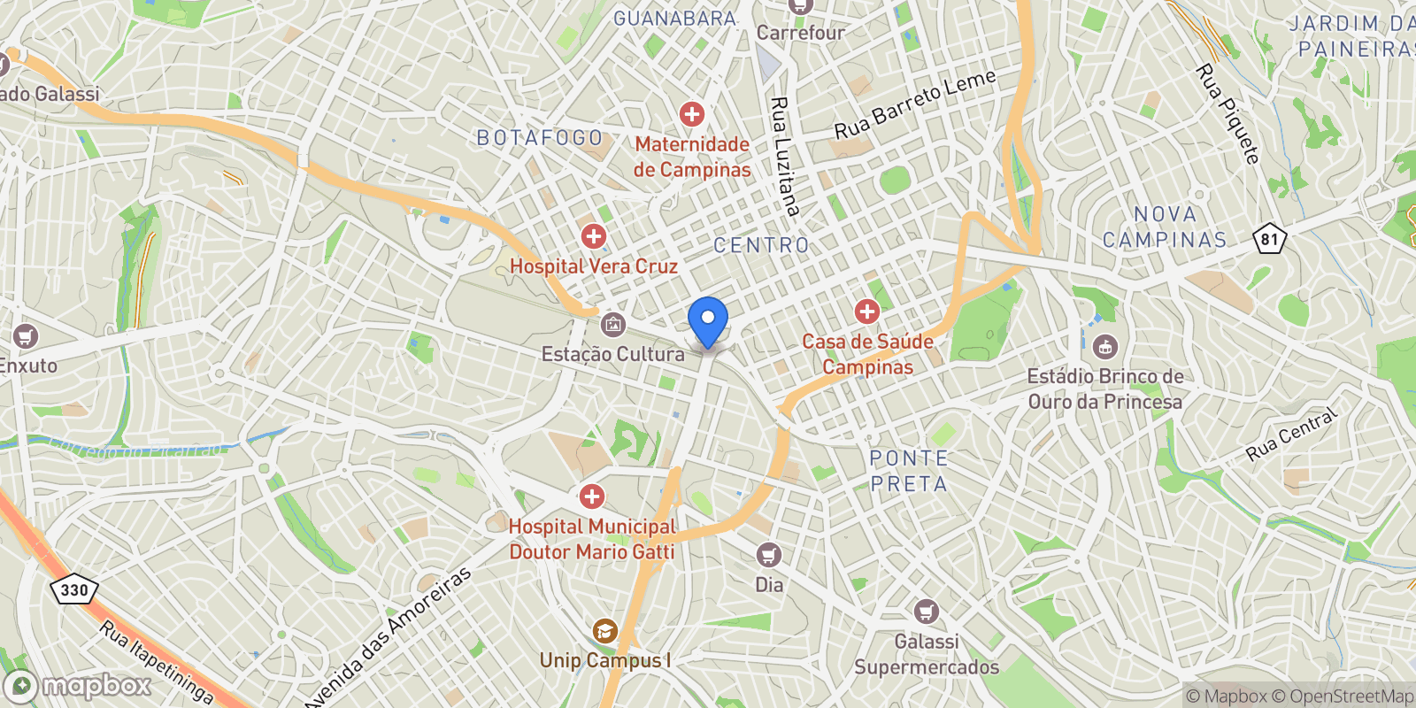 Map showing Campinas, State of São Paulo, Brazil.