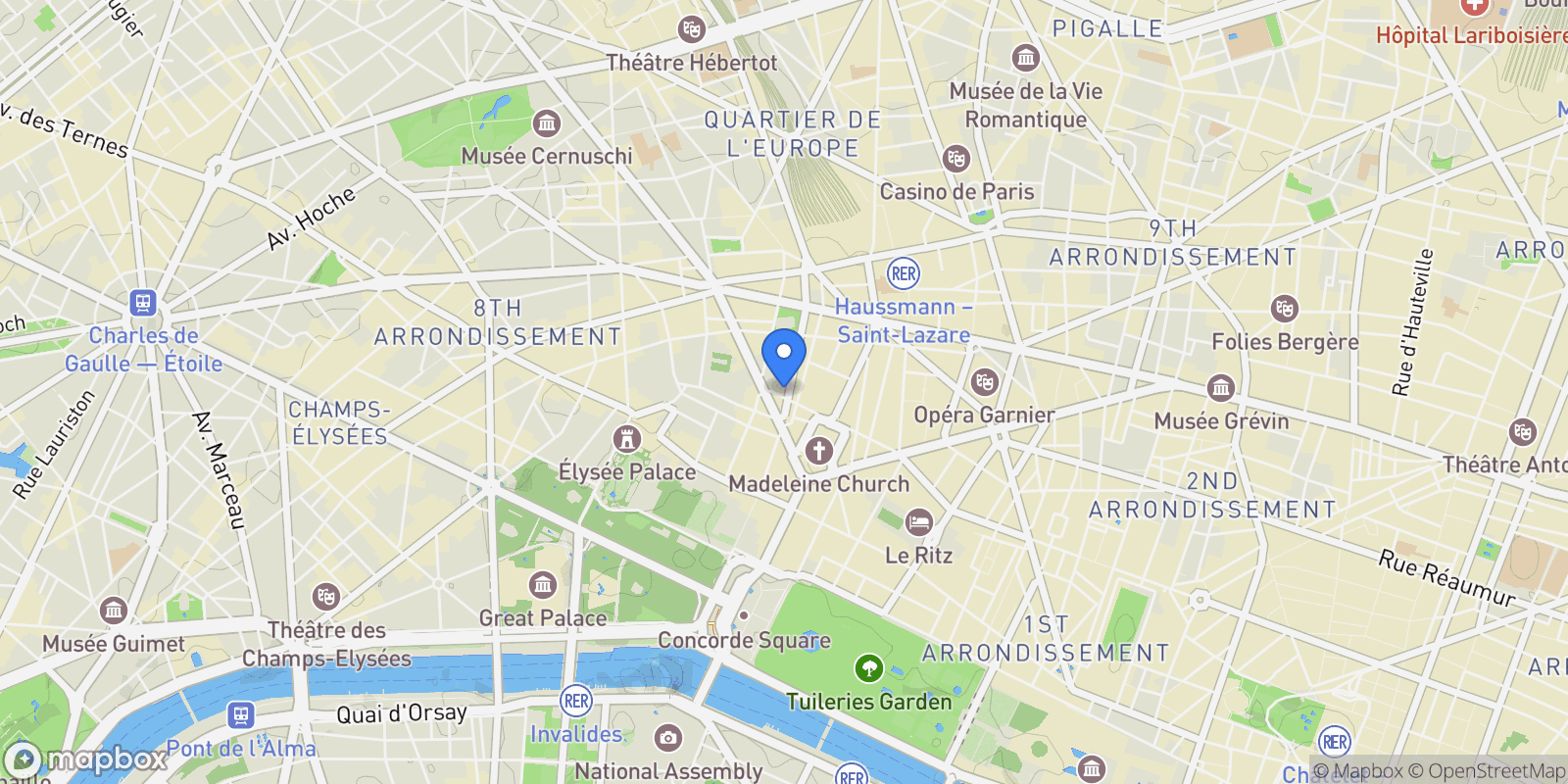 Map showing PARIS, J 75008, Paris, Île-de-France, France.