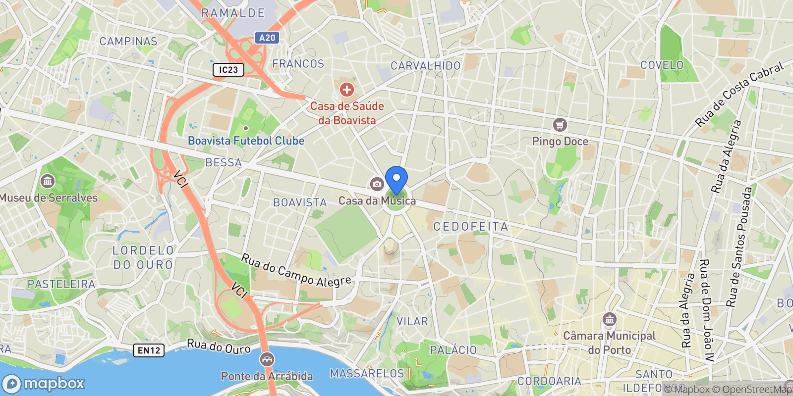Map showing Porto, Porto, Cedofeita, Santo Ildefonso, Se, Miragaia, Sao Nicolau e Vitoria, Porto District, Portugal.
