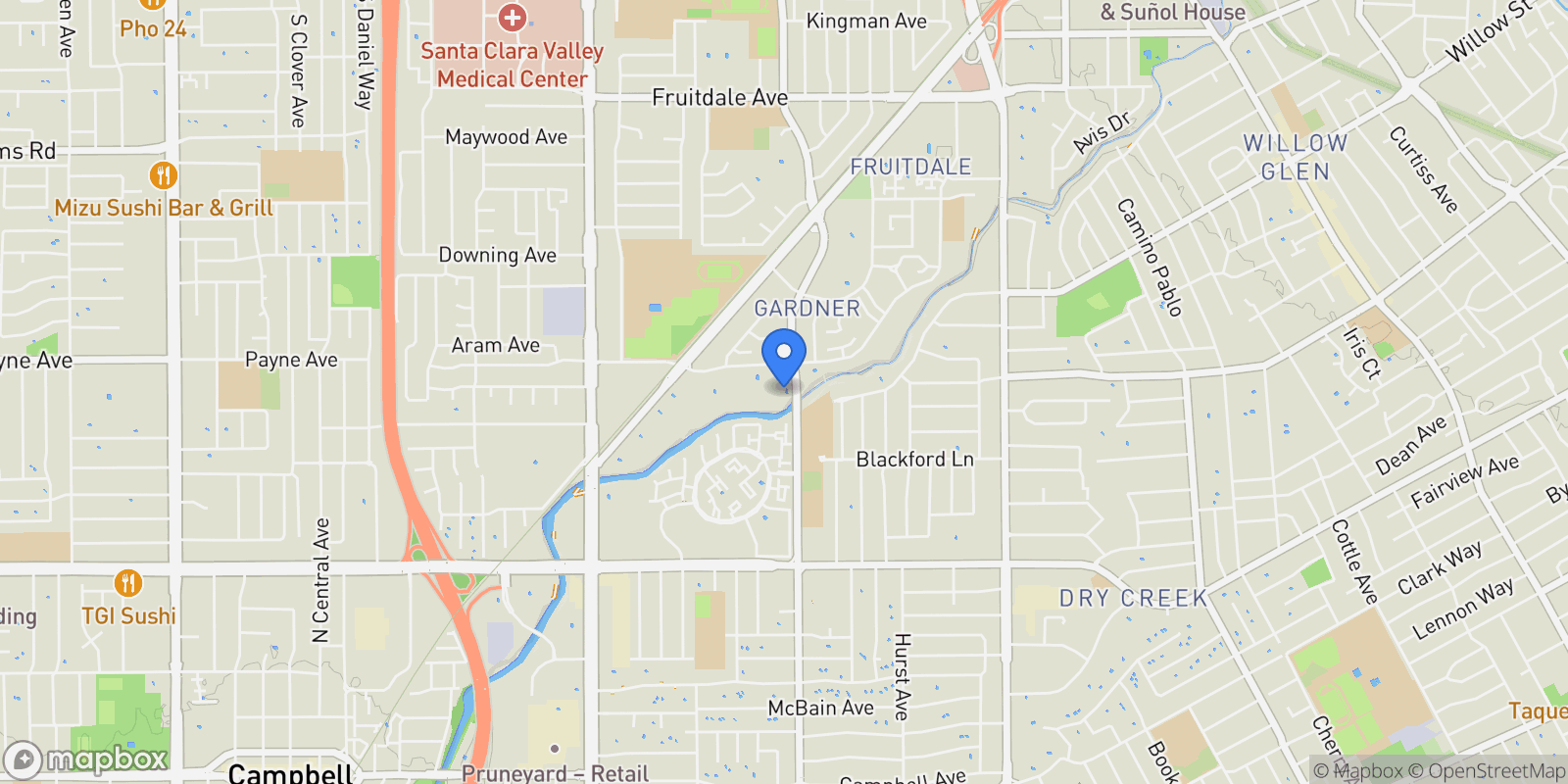 Map showing 1299 Leigh Avenue, San Jose, California, United States.