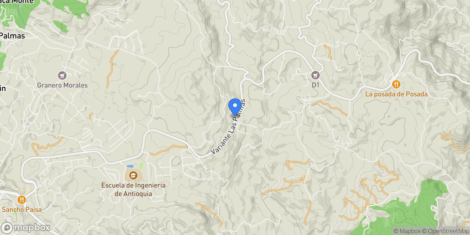 Map showing Envigado PARAJE LAS PALMAS VEREDA PANTANILLO, La Explanada, Antioquia, Colombia.