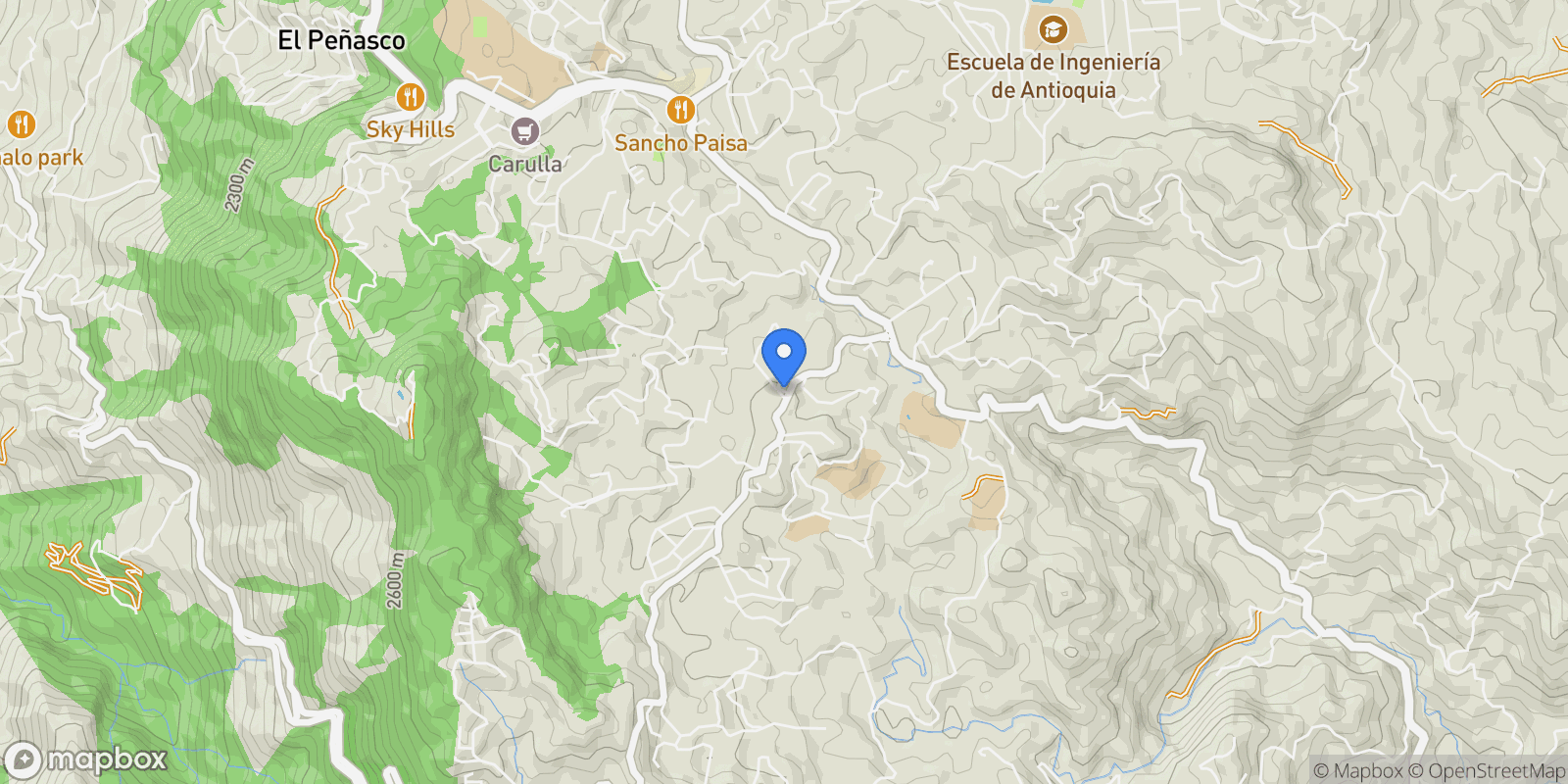 Map showing Envigado CRA 4 #25 SUR 451, Vereda El Penasco, Antioquia, Colombia.