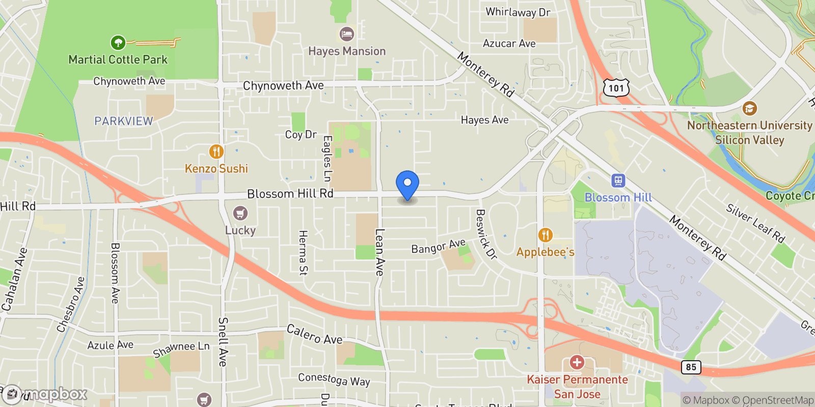 Map showing 233 Omira Drive, San Jose, California, United States.