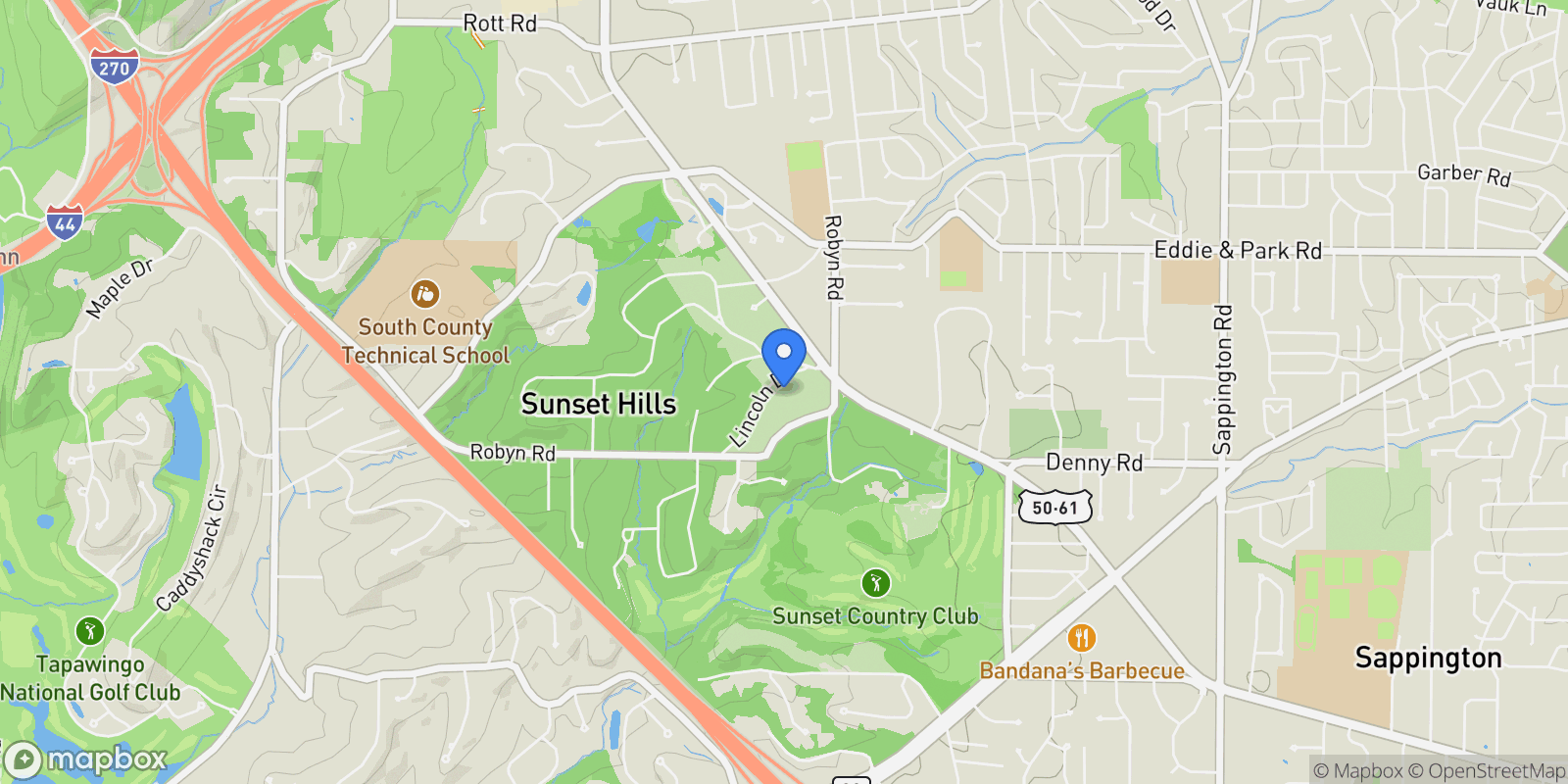 Map showing 9320 Lincoln Drive, Sunset Hills, Missouri, United States.