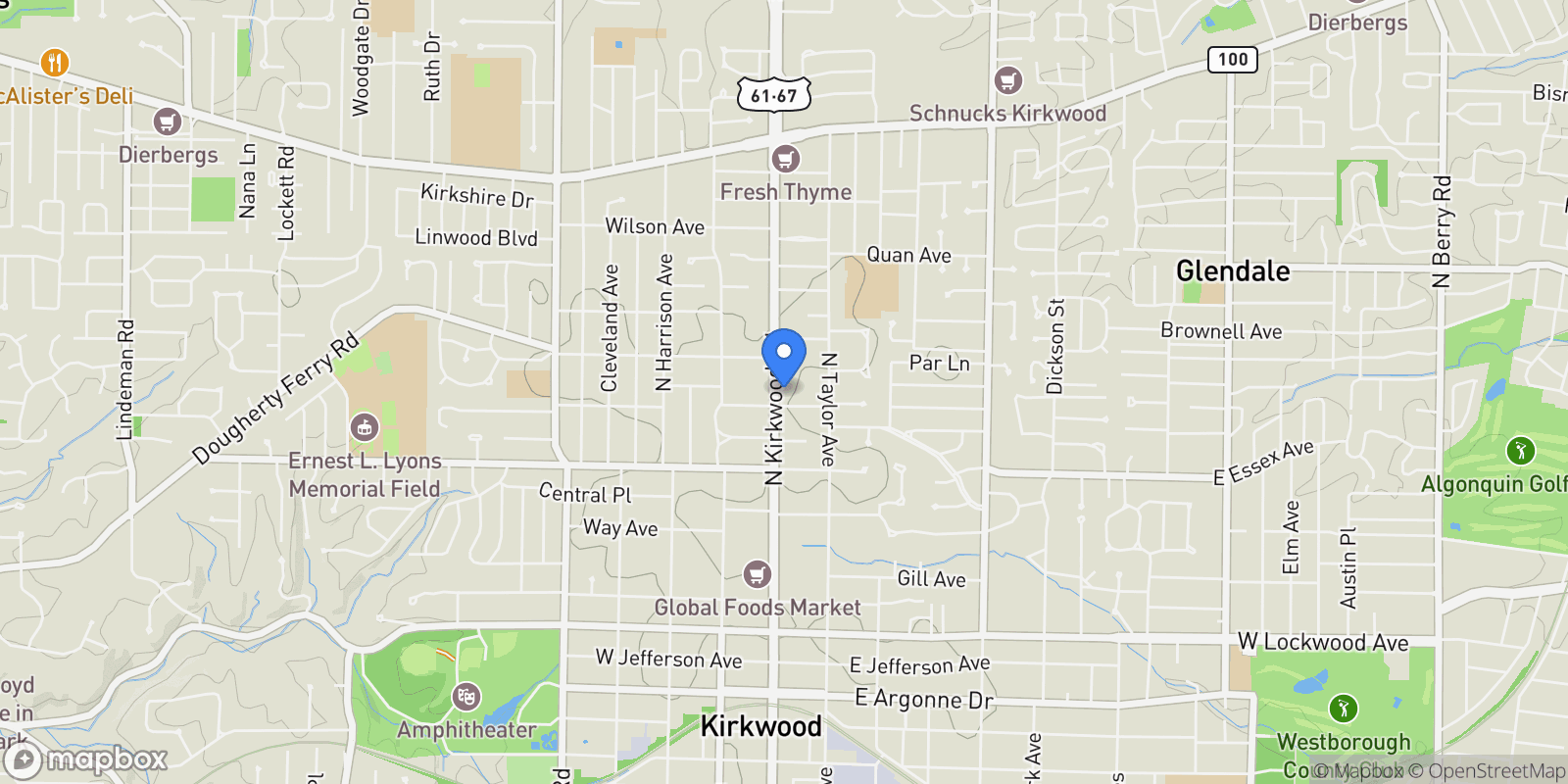 Map showing 716 N Kirkwood Road, Kirkwood, Missouri, United States.