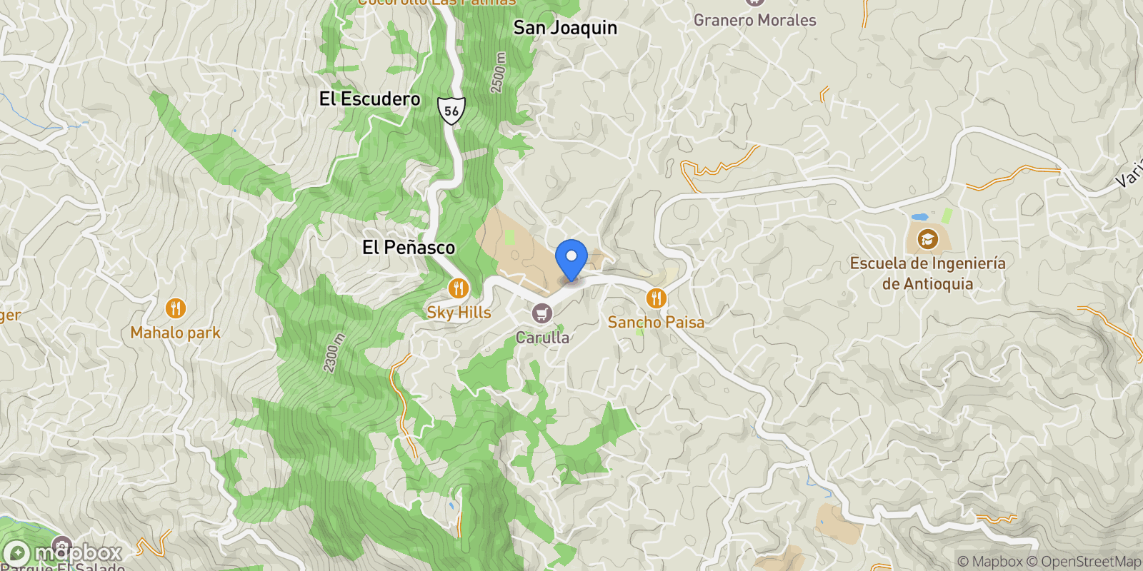 Map showing Envigado CRA. 5A NO. 26 S 44, Vereda El Penasco, Antioquia, Colombia.