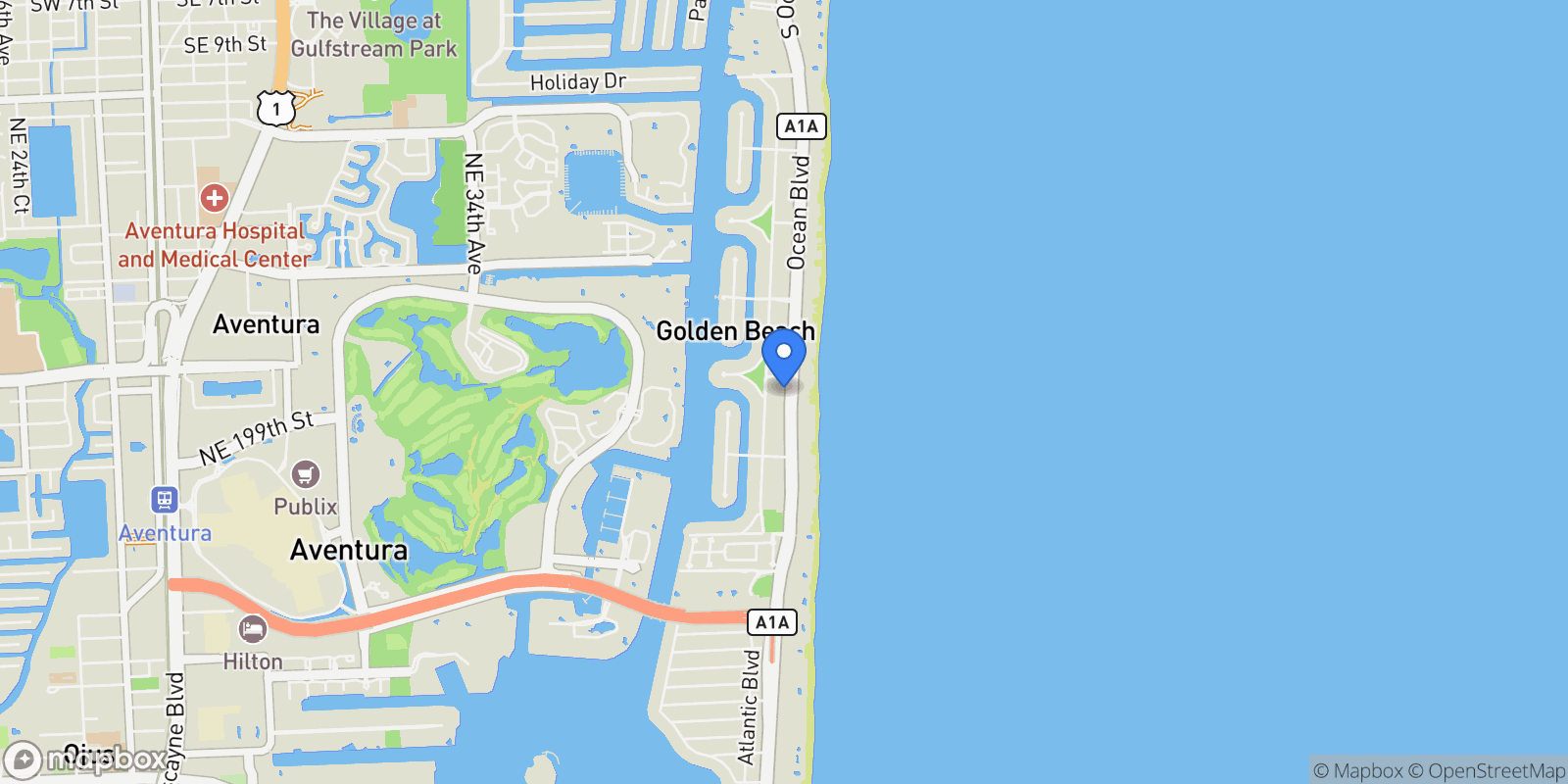 Map showing 284 Ocean Blvd, Golden Beach, Florida, United States.