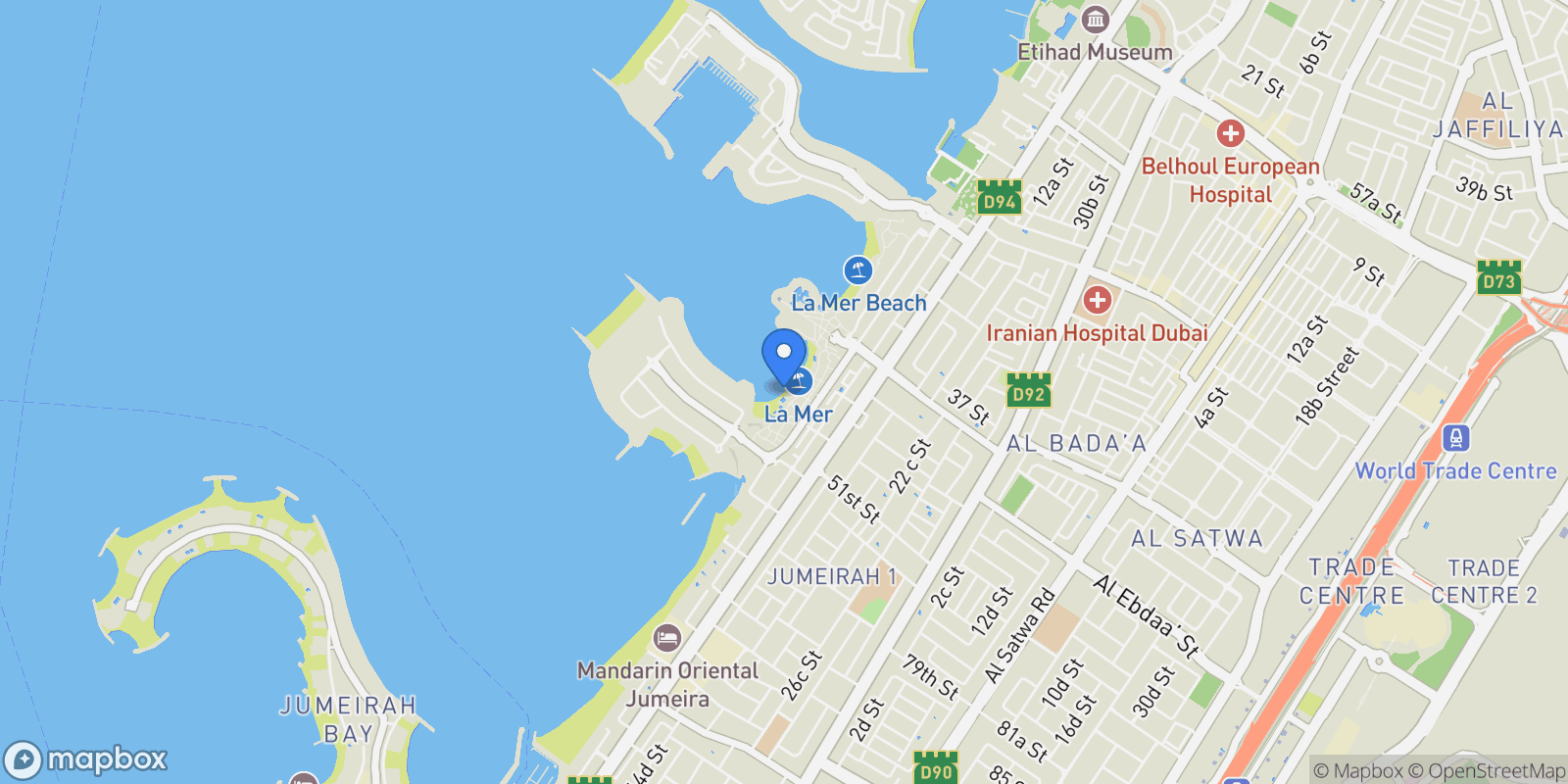 Map showing La mer beach - Jumeirah 1 - Dubai - United Arab Emirates, Dubai, Dubai, United Arab Emirates.