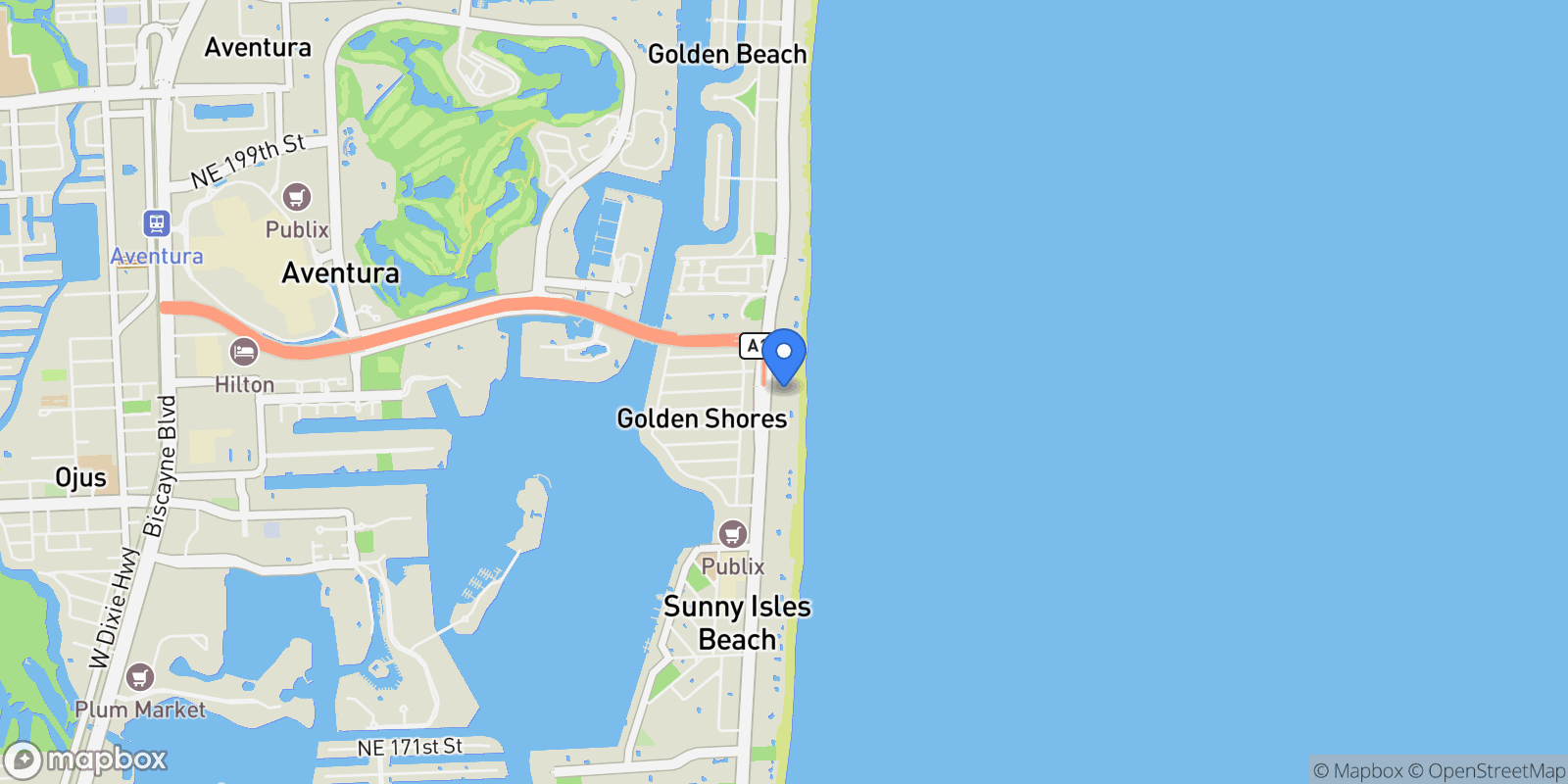 Map showing 18975 Collins Ave 2205, Golden Beach, Florida, United States.