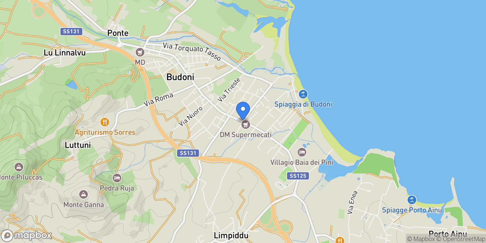 Map showing 08020 Budoni, Province of Sassari, Italy, Budoni, Sardinia, Italy.