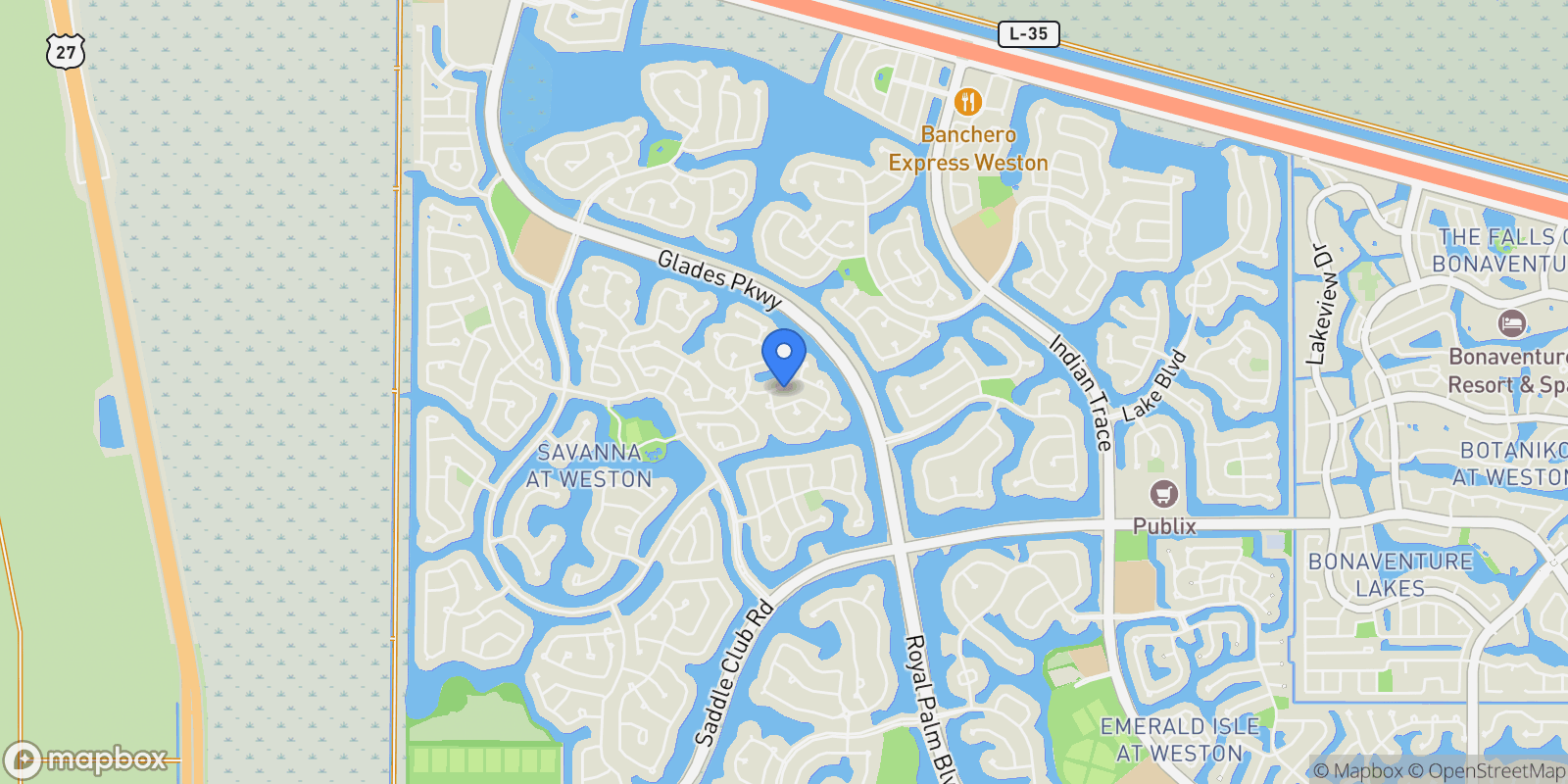 Map showing 1629 Blue Jay Cir, Weston, Florida, United States.