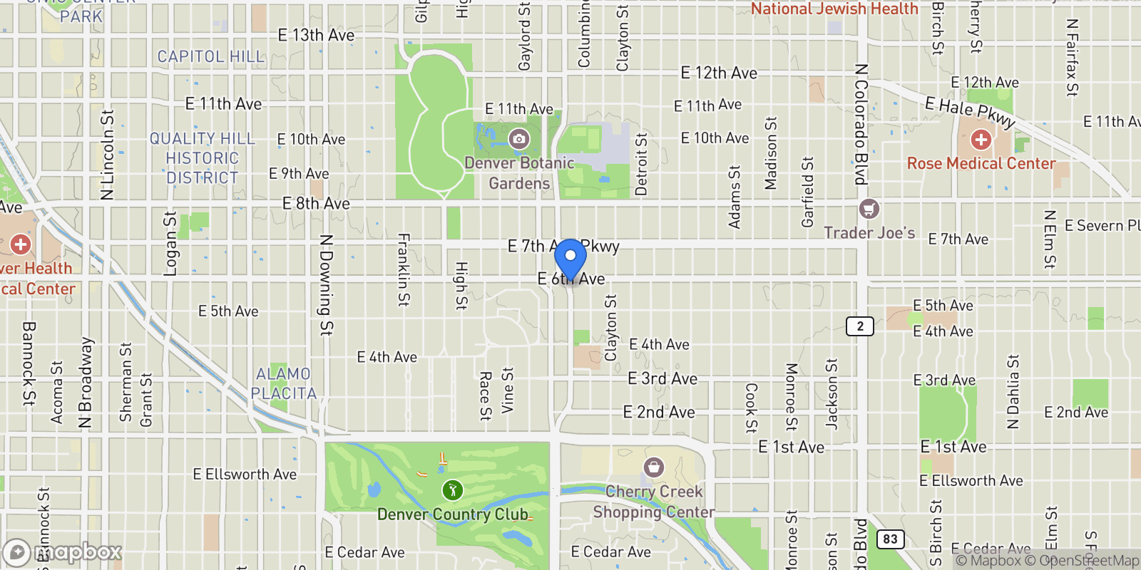 Map showing 566 Josephine Street, Denver, Colorado, United States.