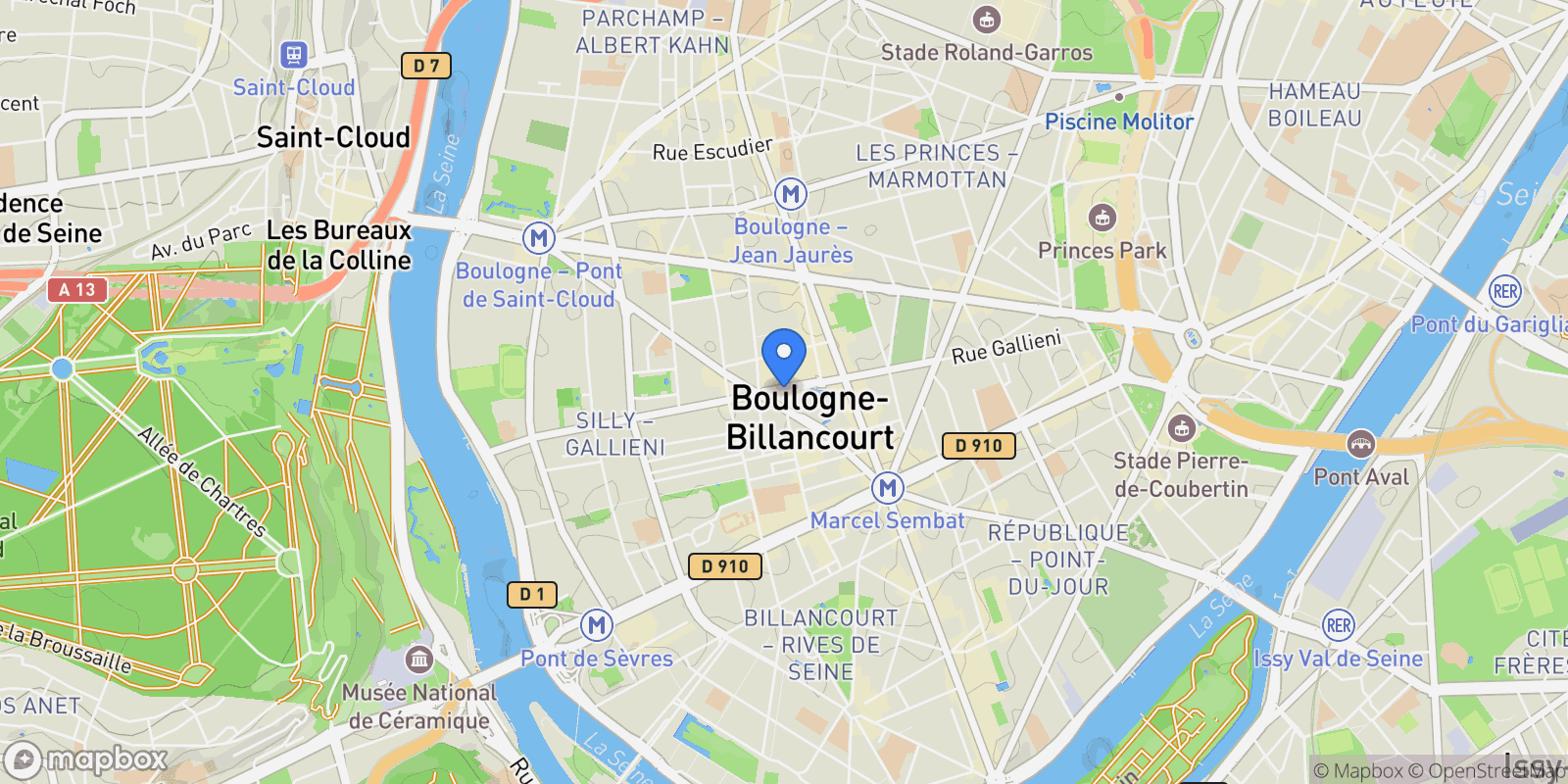 Map showing Boulogne-Billancourt, Île-de-France, France.