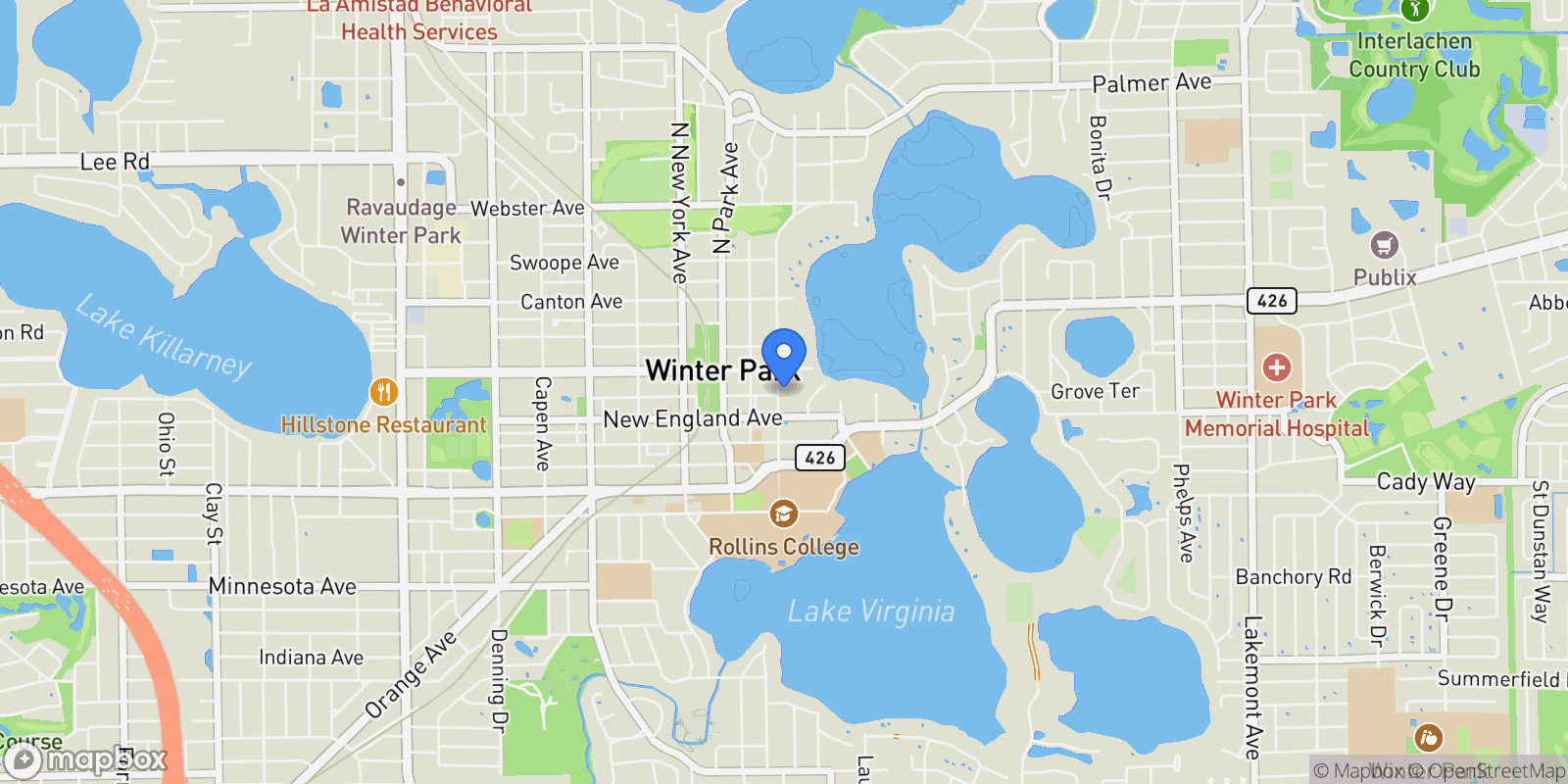 Map showing 100 S Interlachen Avenue , 404, Winter Park, FL 32789, Winter Park, Florida, United States.