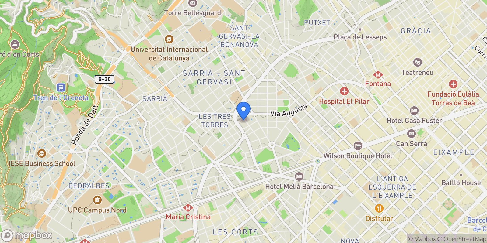Map showing Via Augusta, 08021, Barcelona, Barcelona, Barcelona, Sarria - Sant Gervasi, Barcelona, Spain.