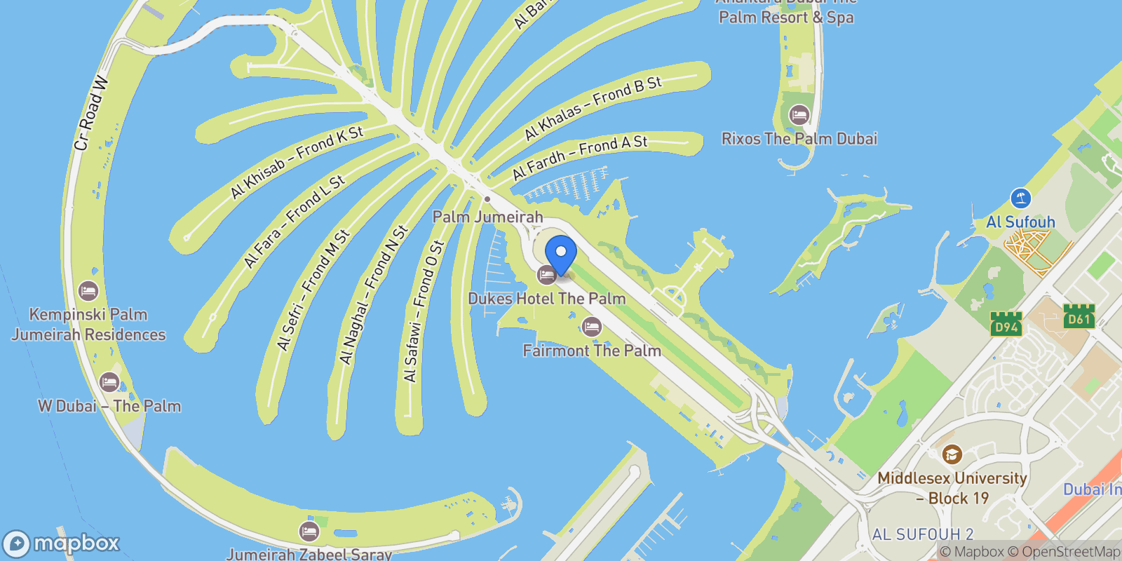 Map showing Palm Jumeirah - The Palm Jumeirah - Dubai - United Arab Emirates, Dubai, Dubai, United Arab Emirates.